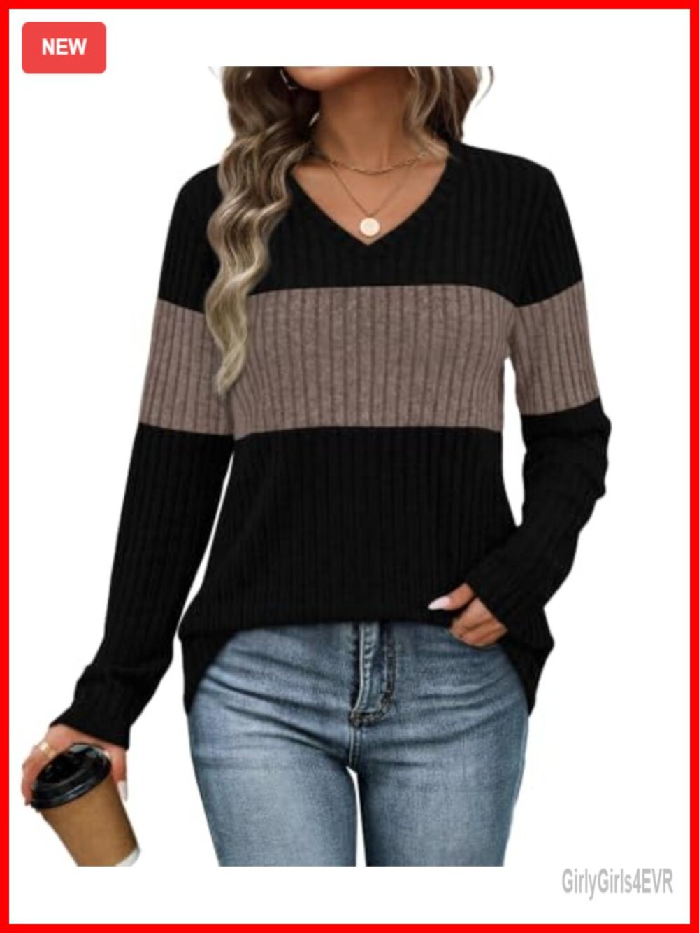 Womens V-Neck Color Block Sweater Long Sleeve Tunic Top Fall Trendy